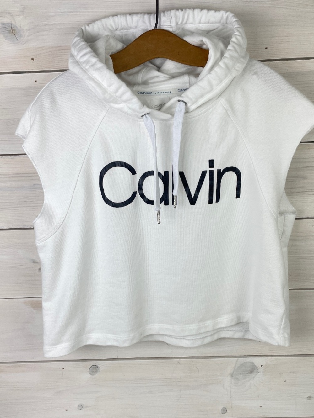 Calvin Klein Performance White Sleeveless Cropped Fleece Hoodie